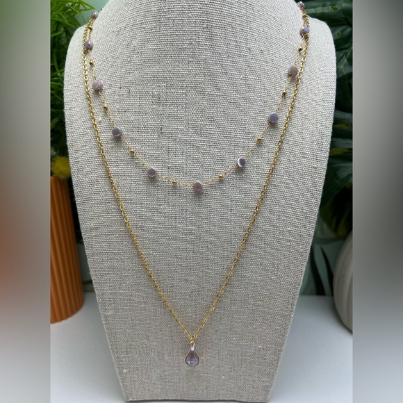 Lila & Gold Elegant Teardrop Pendant Layered Necklace, Flirty Delicate Necklace - Picture 1 of 11